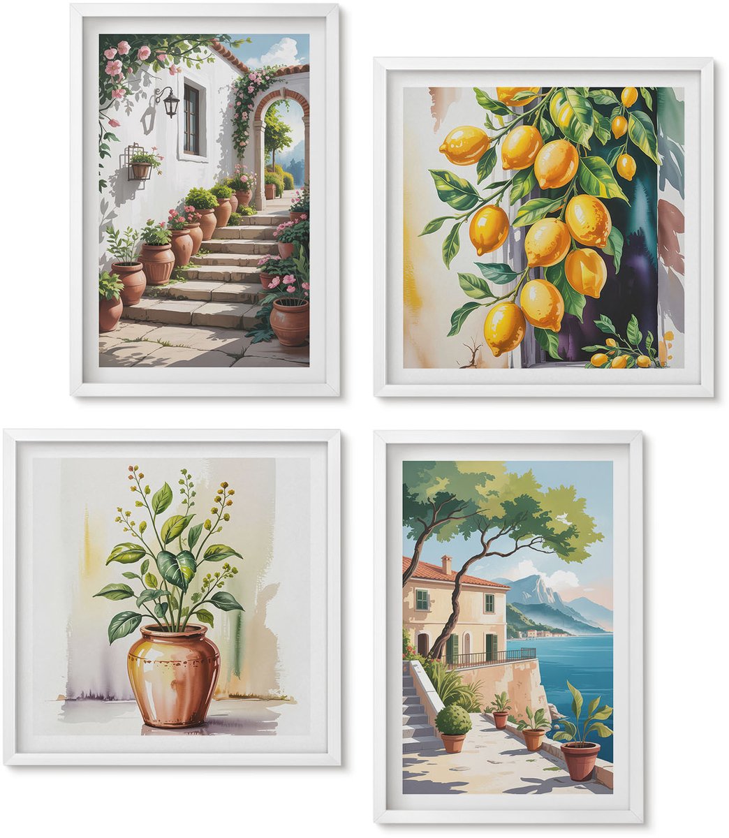 Wallfluent 4-Delige Schilderij Set - Citroenen Tegen Een Achtergrond Van Bloemen En Uitzicht Op Zee. - 40 x 40 En 40 x 60 - Muurdecoratie - Decoratieve Schilderijen - Wohnzimmer