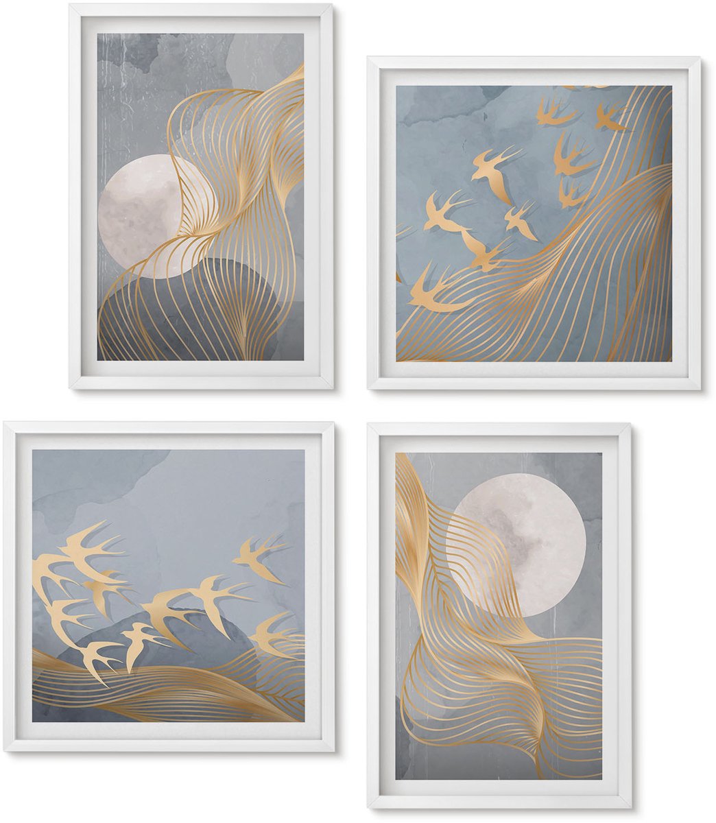 Wallfluent 4-Delige Schilderij Set - Abstracte Patronen Met Golven En Cirkels Op Een Grijze Achtergrond. - 40 x 40 En 40 x 60 - Muurdecoratie - Wanddecoratie - Hal - Interieur Decoratie