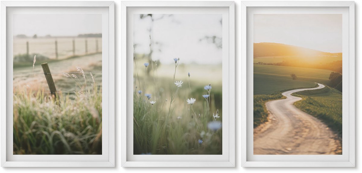 Wallfluent 3-Delige Schilderij Set - Landschap Met Een Weide, Een Weg En Een Zonsondergang. - 40 x 60 - Moderne Wanddecoratie - Woonkamer