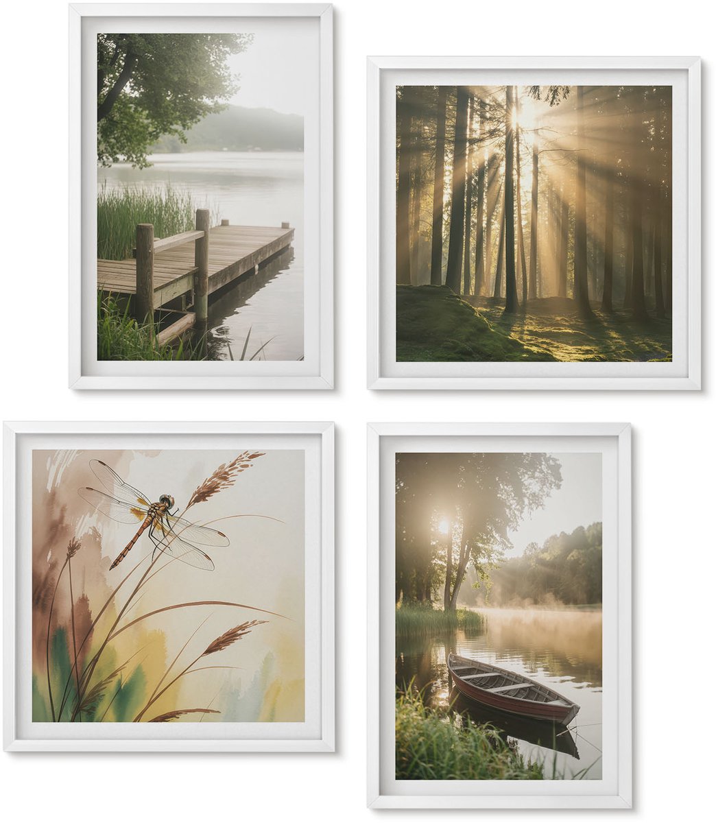 Wallfluent 4-Delige Schilderij Set - Rustig Meer, Bos En Boot In De Ochtendmist - 40 x 40 En 40 x 60 - Decoratieve Muurdecoratie - Slaapkamer - Woonkamer Decoratie