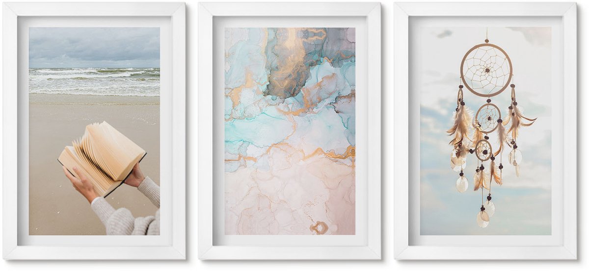 Wallfluent 3-Delige Schilderij Set - Abstracte Zee, Leesboek En Boho Dromenvanger - 20 x 30 - Stijlvolle Muurdecoratie - Kantoor - Wanddecoratie
