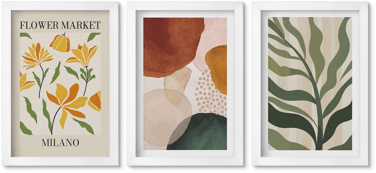 Wallfluent 3-Delige Schilderij Set - Bloemmotieven Met Abstracte Vormen En Bladeren - 20 x 30 - Muurdecoratie - Interieur Decoratie - Wanddecoratie