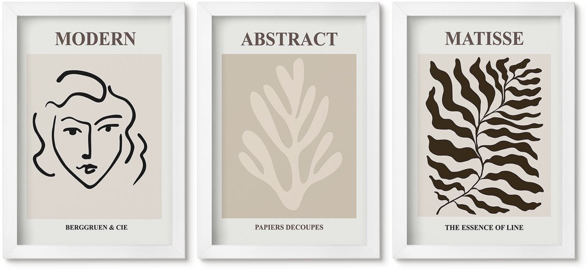 Wallfluent 3-Delige Schilderij Set - Illustraties Van Gezichten En Bladeren, Grafische Vormgeving Door Henri Matisse - 20 x 30 - Schilderijen Set - Wanddecoratie - Woonkamer - Moderne Wanddecoratie