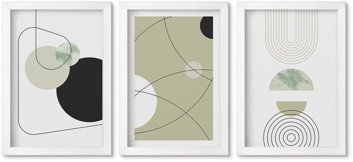 Wallfluent 3-Delige Schilderij Set - Abstracte Vormen In Ingetogen Kleuren - 20 x 30 - Moderne Wanddecoratie - Woonkamer