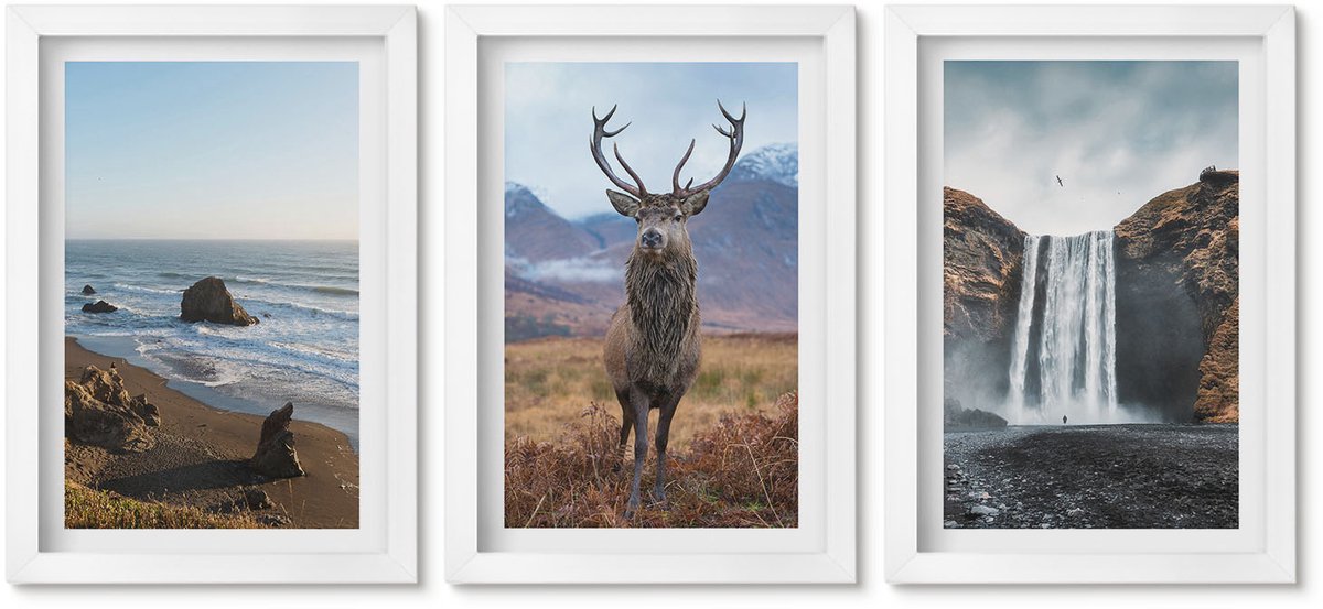 Wallfluent 3-Delige Schilderij Set - Berglandschappen Met Waterval, Herten En Strand - 20 x 30 - Stijlvolle Muurdecoratie - Kantoor - Interieur Decoratie