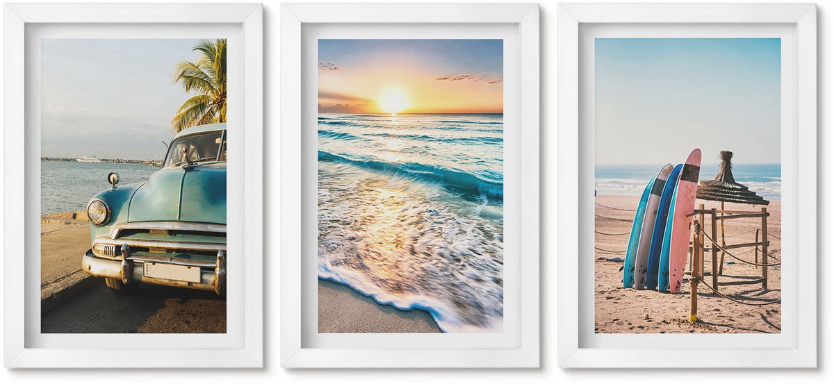 Wallfluent 3-Delige Schilderij Set - Vakantie In Miami Met Uitzicht Op De Zonsondergang En Zee - 20 x 30 - Schilderijen Set - Wanddecoratie - Woonkamer - Muurdecoratie