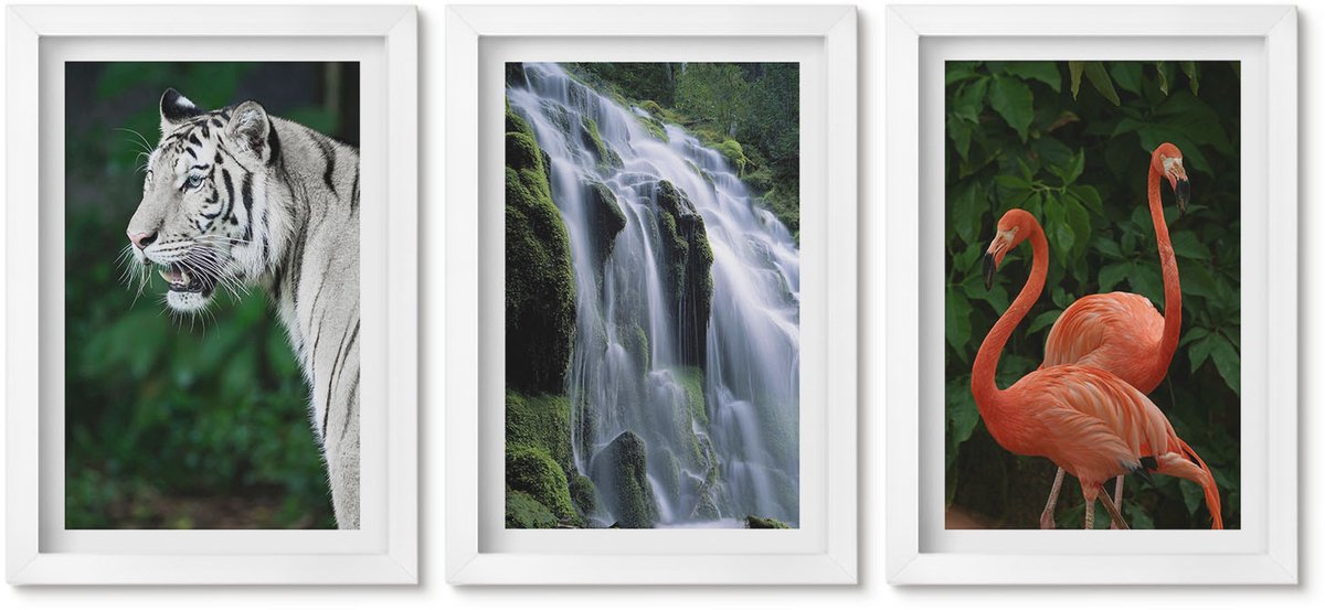 Wallfluent 3-Delige Schilderij Set - Tijgerwaterval En Roze Flamingo'S In De Natuur - 20 x 30 - Decoratieve Muurdecoratie - Slaapkamer