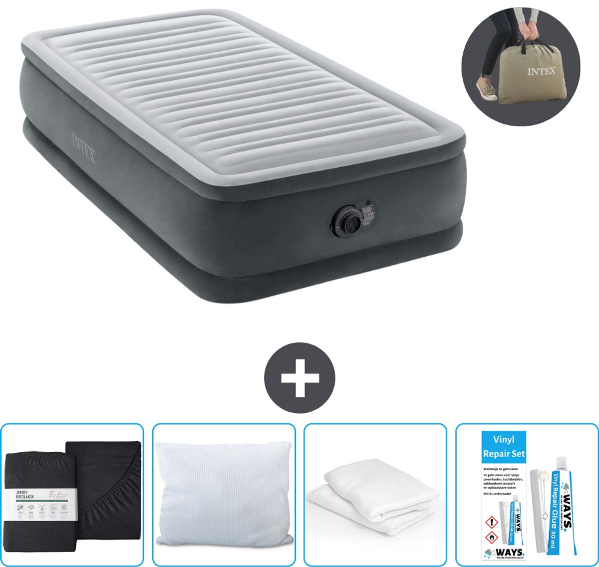 Intex Luchtbed - 1-Persoons - 99 x 191 x 46 cm - Grijs - Inclusief pomp - Hoeslaken - Kussen - Reparatieset en Kussenbeschermer