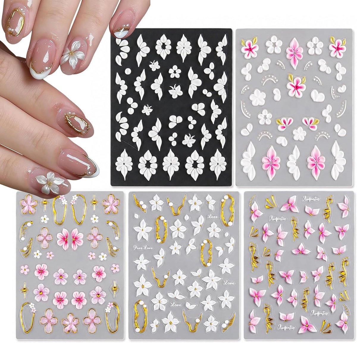 Nagelstickers 5 Blad - Zelfklevend met Bloemen - Creatieve Nail Art - Eenvoudig aan te brengen - ShopVlot