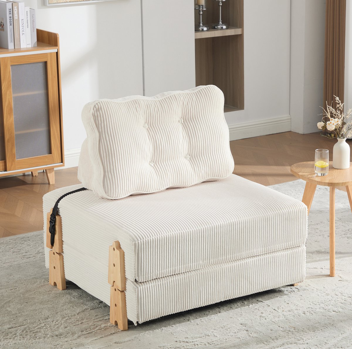 FloraGrace Fauteuil 1-Zits Uitklapbaar Slaapstoel – Met Zachte Cord Bekleding En Houten Frame – Voor Kleine Ruimtes – Beige