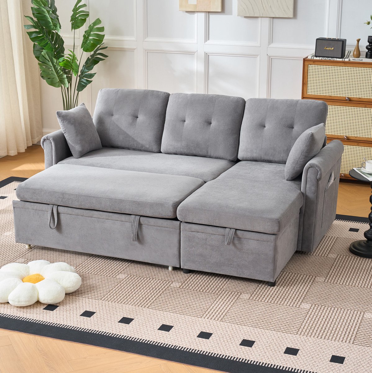 DESMIU Hoekbank 206 x 130 x 85 cm - Slaapfunctie Met Opbergruimte En Omkeerbare Chaise Longue - Voor Woonkamer Of Logeerkamer - Chenille Grijs