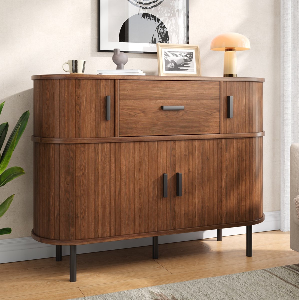 MIVRAY Dressoir Met Schuifdeuren En Lade - Dubbele Opbergruimte Voor Woonkamer En Eetkamer - MDF En Spaanplaat - Walnoot - 110 X 35 X 81,5 Cm