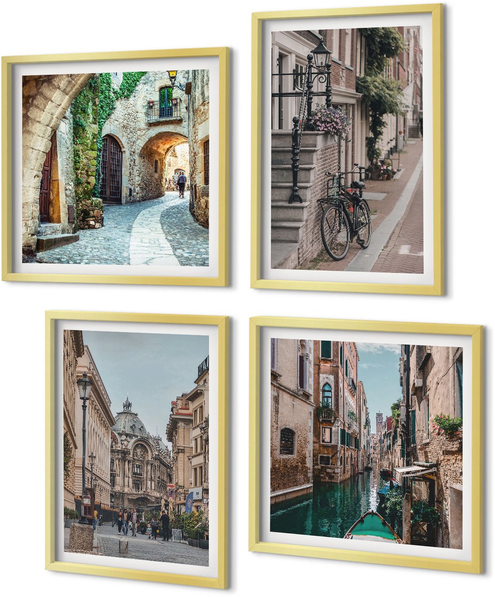 Coloray 4-Delige Schilderij Set - Venetiaanse straten van steden met architectuur en water - 40 x 40 cm en 40 x 60 cm - Decoratieve Schilderijen - Woonkamer - Interieur - Wanddecoratie