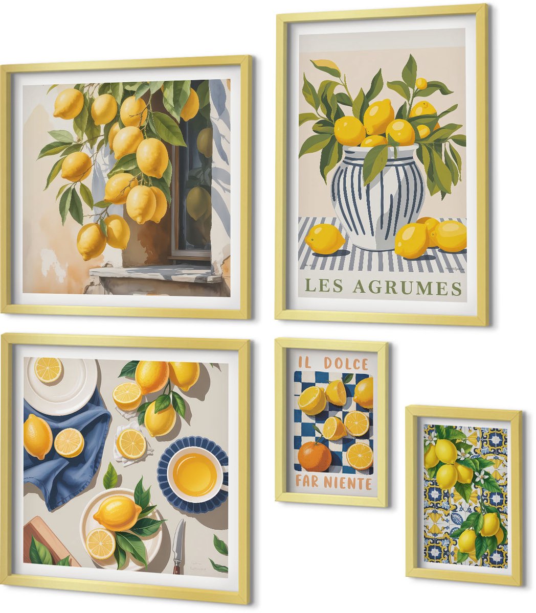 Coloray 5-Delige Schilderij Set - Citrus-Inspiratie In Provençaalse Stijl Voor Wanddecoratie - 50 x 50 cm, 20 x 30 cm En 40 x 60 cm - Wanddecoratie - Muurdecoratie - Moderne Interieurdecoratie - Moderne Wanddecoratie