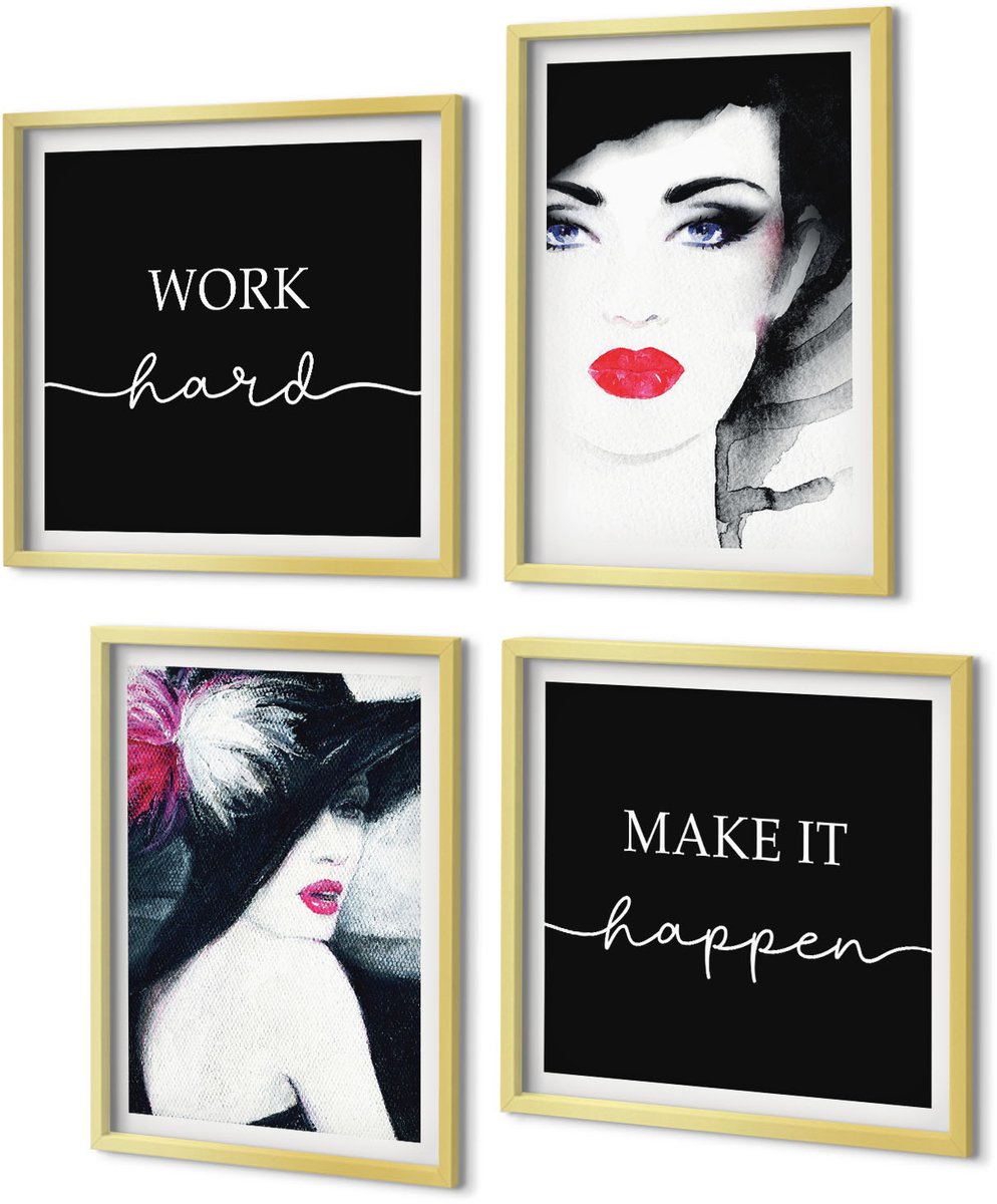 Coloray 4-Delige Schilderij Set - Geschilderde portretten van vrouwen met expressieve lippen - 40 x 40 cm en 40 x 60 cm - Wanddecoratie - Moderne Interieurdecoratie - Woonkamer Decoratie