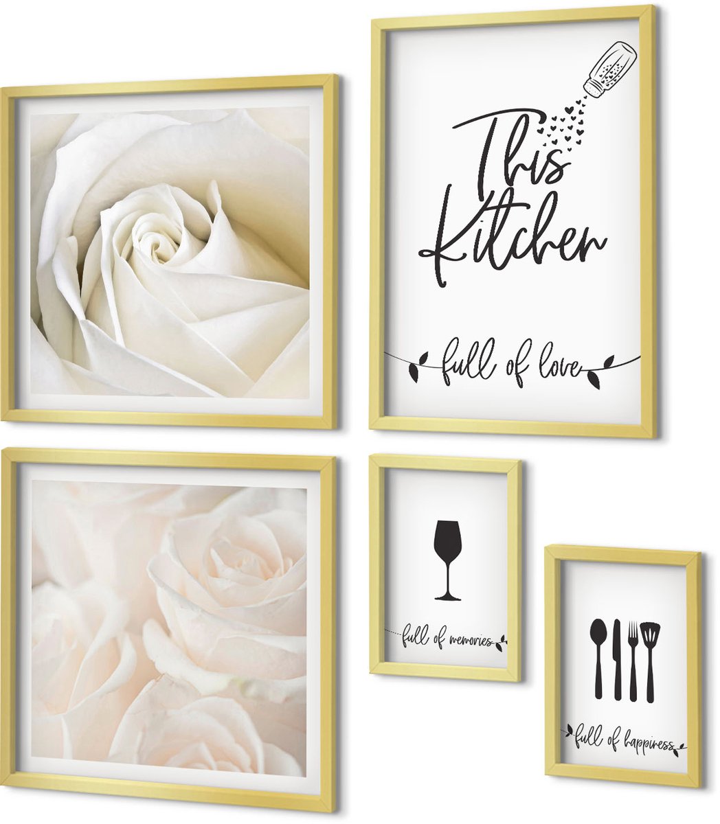 Coloray 5-Delige Schilderij Set - Stijlvolle Keukendecoratie Met Plantmotieven En Opschriften. - 50 x 50 cm, 20 x 30 cm En 40 x 60 cm - Moderne Wanddecoratie - Woonkamer