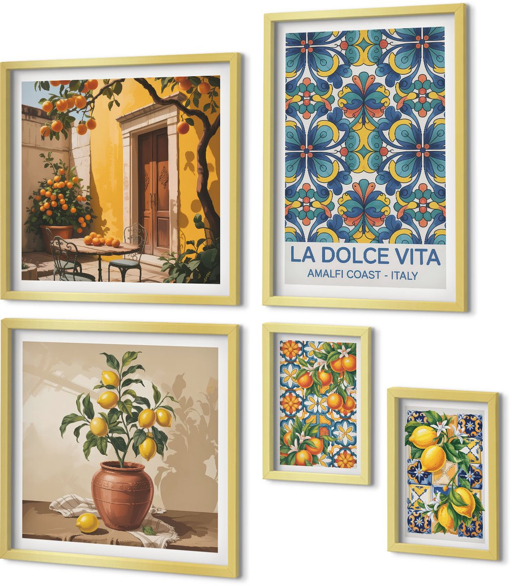 Coloray 5-Delige Schilderij Set - Italiaanse Citrusmotieven In Mediterrane Stijl - 50 x 50 cm, 20 x 30 cm En 40 x 60 cm - Moderne Wanddecoratie - Woonkamer - Interieur Decoratie