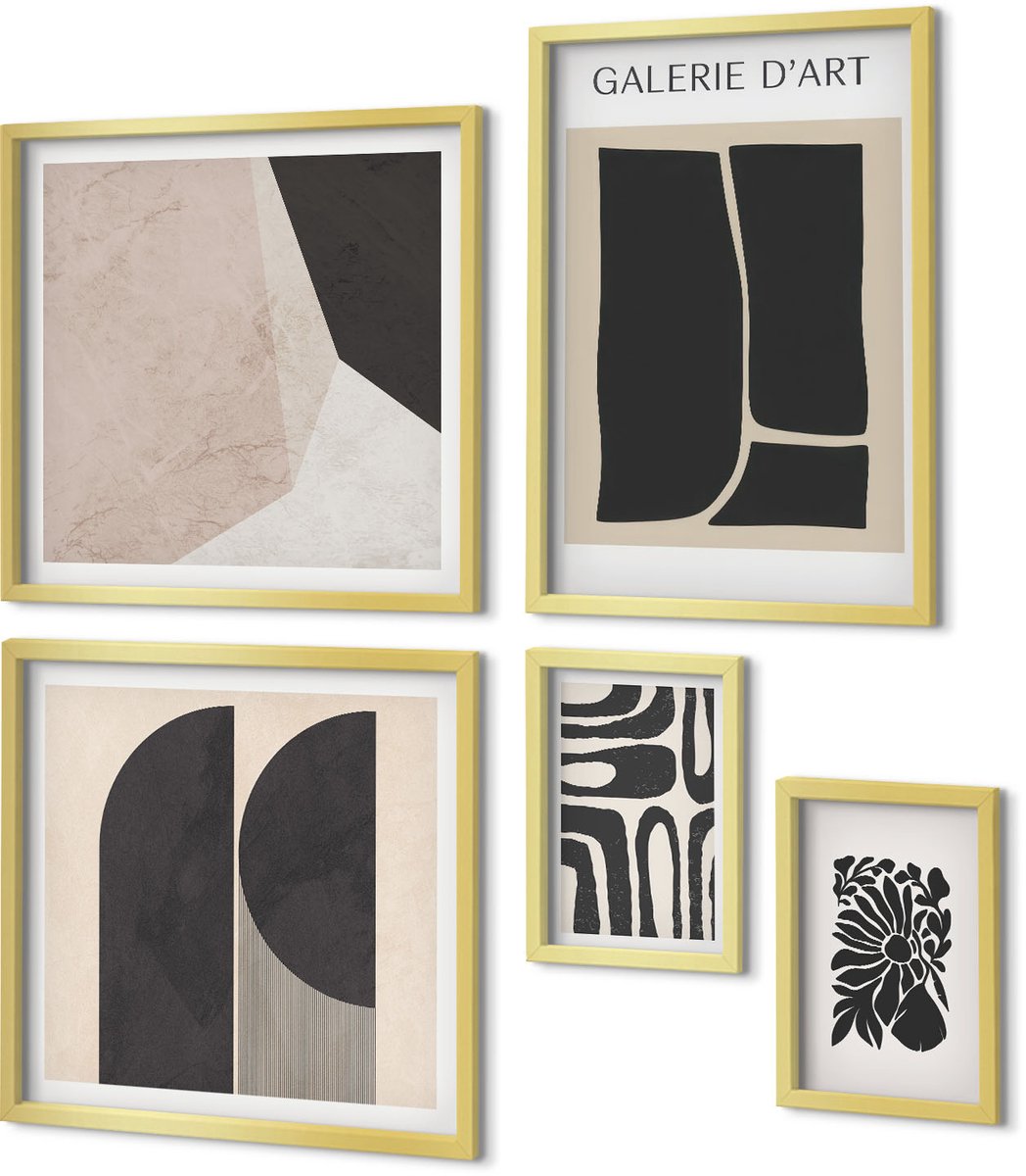 Coloray 5-Delige Schilderij Set - Stijlvolle Grafische Elementen In Minimalistische Vormen En Patronen. - 50 x 50 cm, 20 x 30 cm En 40 x 60 cm - Moderne Wanddecoratie - Woonkamer - Woonkamer Decoratie