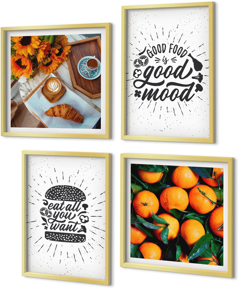 Coloray 4-Delige Schilderij Set - Keukenmotieven en sappige sinaasappels - 40 x 40 cm en 40 x 60 cm - Moderne Wanddecoratie - Slaapkamer - Muurdecoratie
