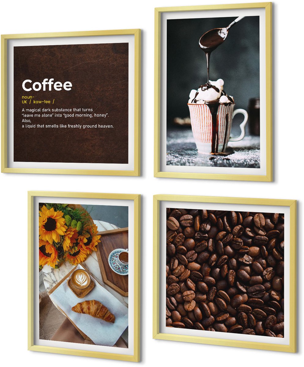 Coloray 4-Delige Schilderij Set - Definitie van Italiaanse ontbijtkoffiebonen - 40 x 40 cm en 40 x 60 cm - Muurdecoratie - Interieur Decoratie - Decoratieve Schilderijen