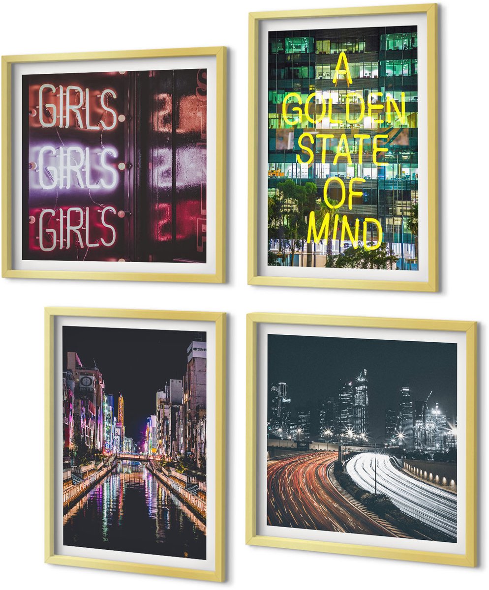 Coloray 4-Delige Schilderij Set - Neonreclames van de stad 's nachts Stadsgezichten - 40 x 40 cm en 40 x 60 cm - Wanddecoratie - Muurdecoratie - Moderne Interieurdecoratie - Moderne Wanddecoratie