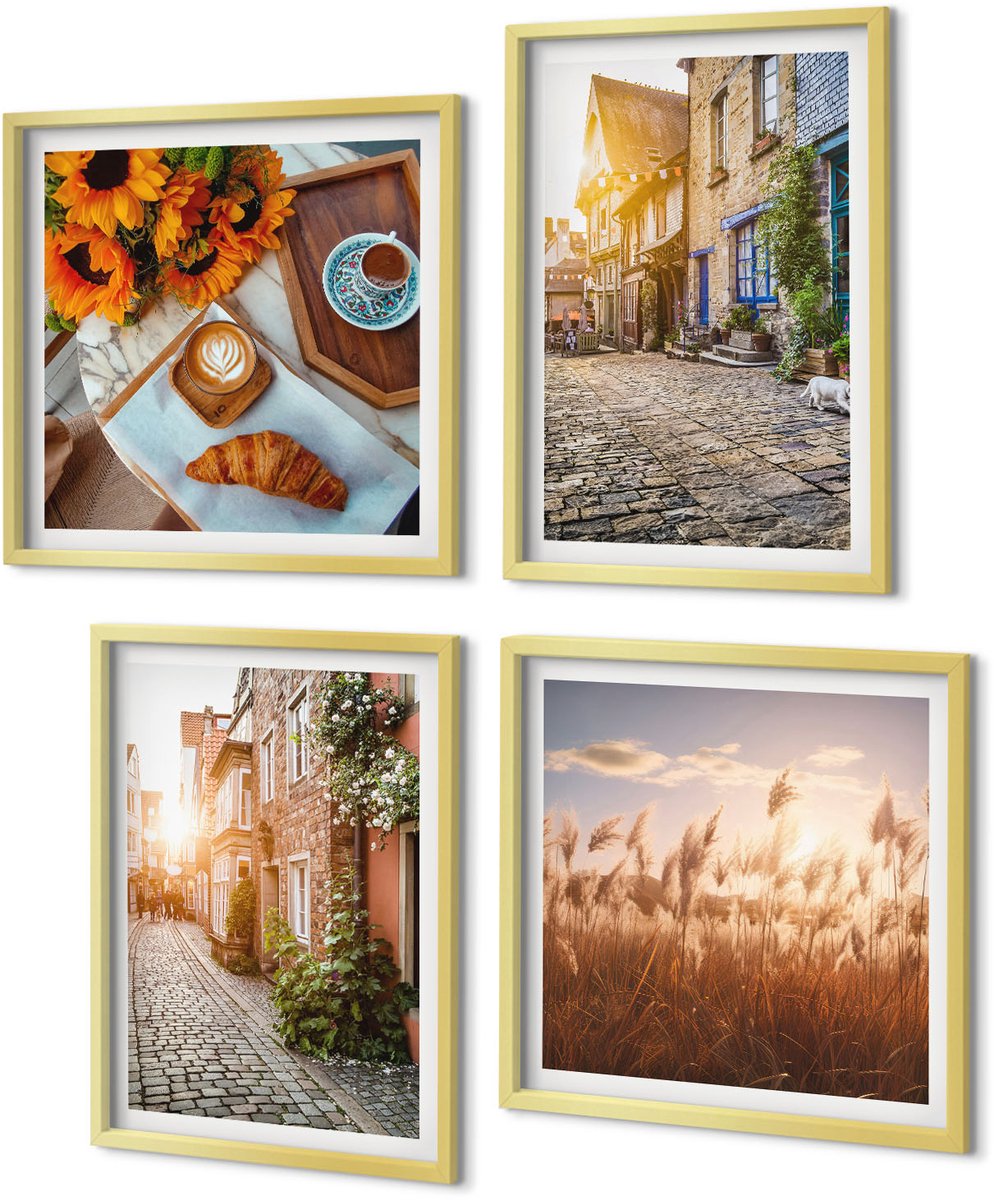 Coloray 4-Delige Schilderij Set - Sfeervolle straatjes met koffie en zonnebloemen - 40 x 40 cm en 40 x 60 cm - Wanddecoratie - Woonkamer Decoratie - Interieur Decoratie