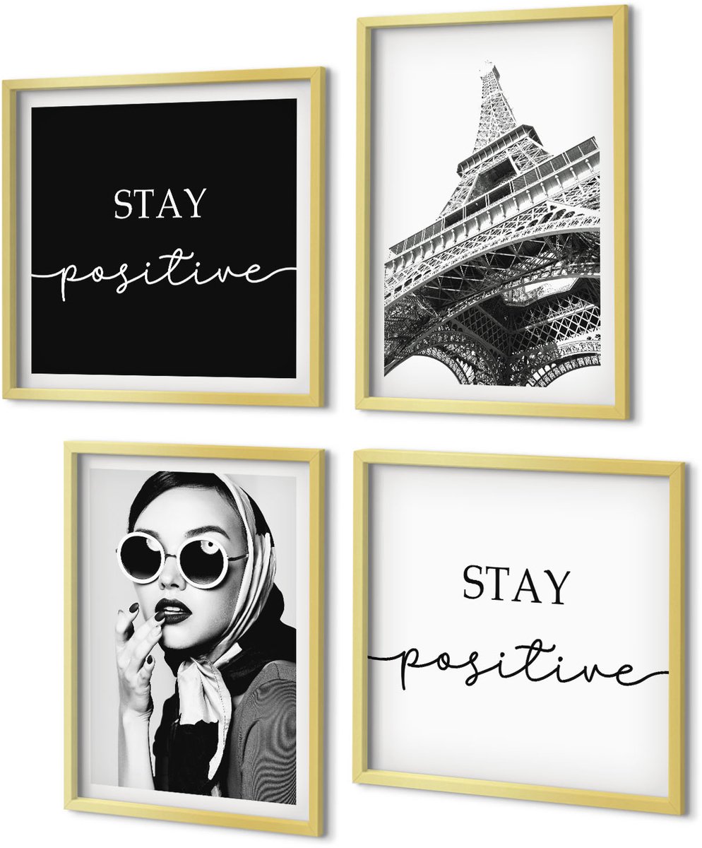 Coloray 4-Delige Schilderij Set - Portretten Franse Eiffeltoren Inspirerende slogans - 40 x 40 cm en 40 x 60 cm - Decoratieve Schilderijen - Woonkamer - Interieur - Woonkamer Decoratie