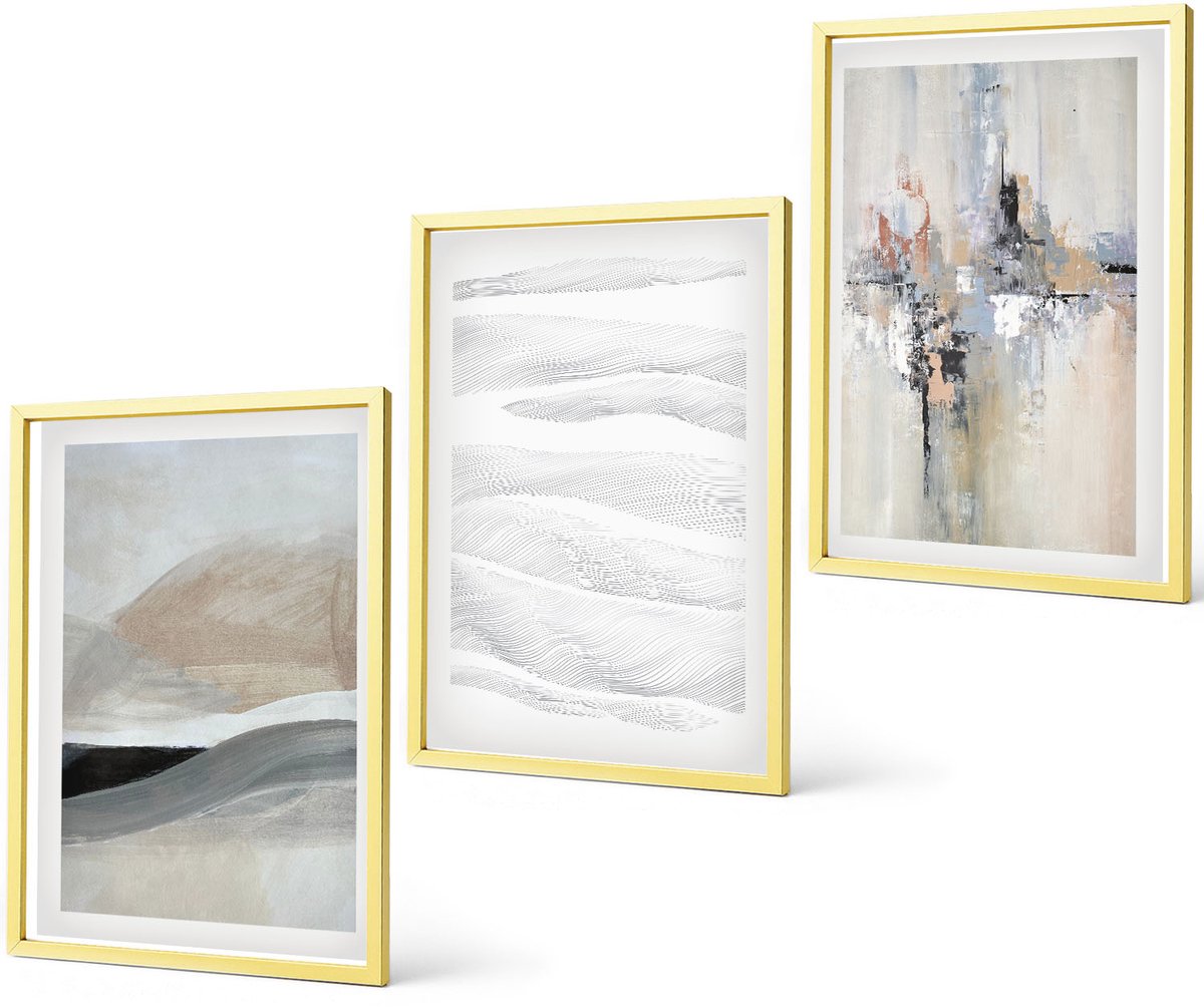 Coloray 3-Delige Schilderij Set - Abstracte Patronen In Neutrale Aardetinten - 40 x 40 cm En 40 x 60 cm - Decoratieve Schilderijen - Woonkamer - Interieur - Muurdecoratie