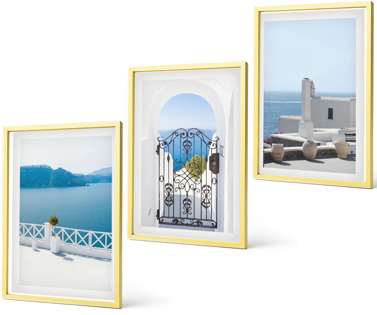 Coloray 3-Delige Schilderij Set - Zeezicht Met Witte Gebouwen In Griekenland - 40 x 40 cm En 40 x 60 cm - Decoratieve Schilderijen - Wanddecoratie - Hal - Moderne Wanddecoratie
