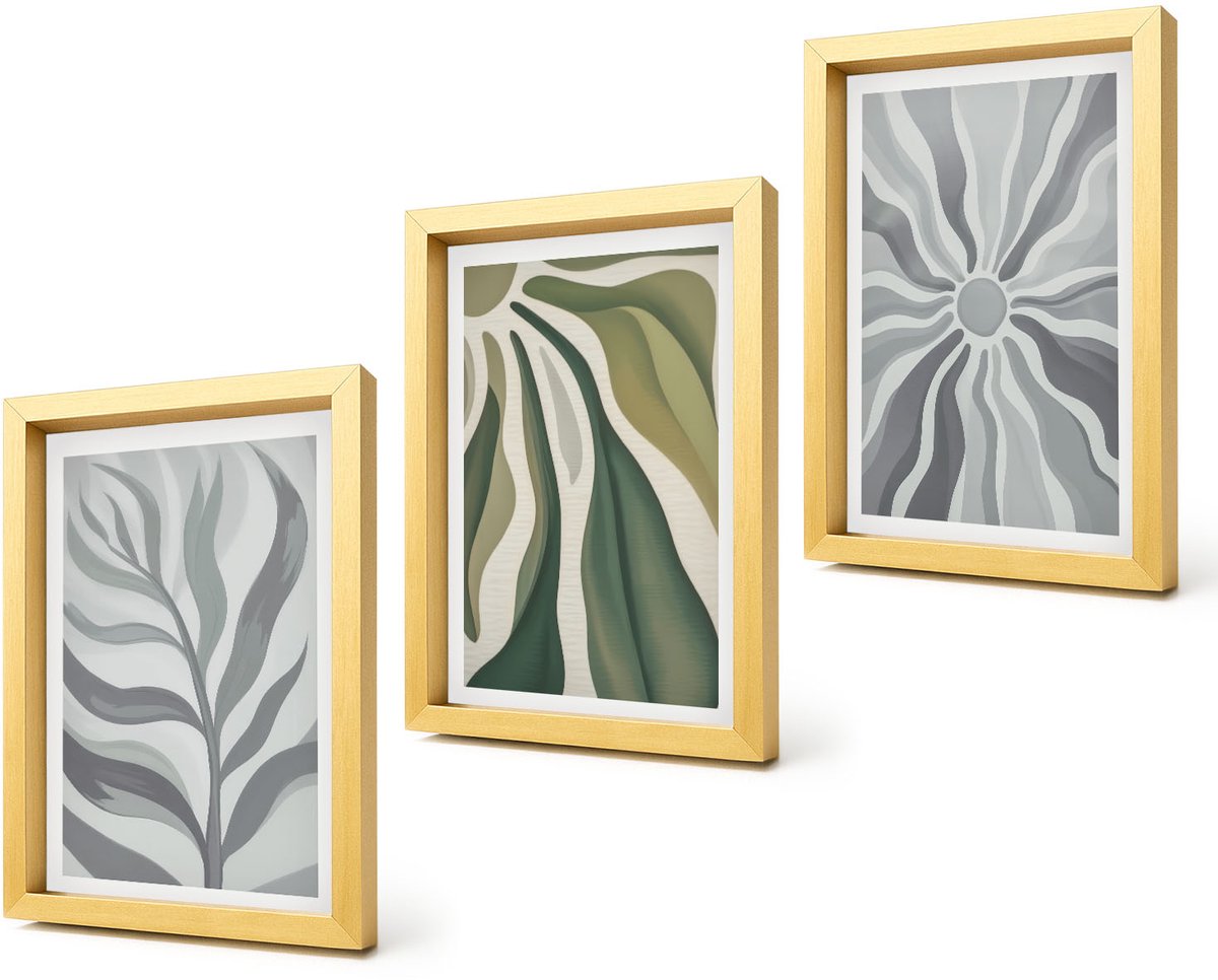 Coloray 4-Delige Schilderij Set - Plantenpatronen in tinten groen en grijs - 20 x 30 cm - Wanddecoratie - Muurdecoratie - Woonkamer - Interieur Decoratie