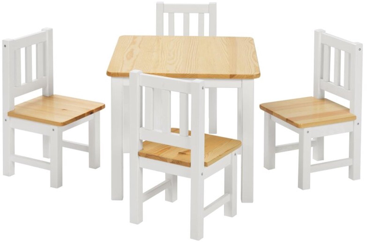 Bomi Amy Kindertafel met 4 Stoeltjes Hout FSC Naturel Wit - Massief Grenenhout - Kindertafel en Stoeltjes - Speeltafel - Tekentafel - 3 t/m 6 Jaar