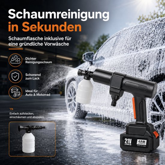 Draadloze Hogedrukreiniger 75 Bar - Accu Hogedrukreiniger 500 W, 260 L/u, 6-in-1 Sproeikop, 180° Draaibaar, 2 Standen, Schuimsproeier & Filter - Voor Auto & Tuin — afbeelding 5