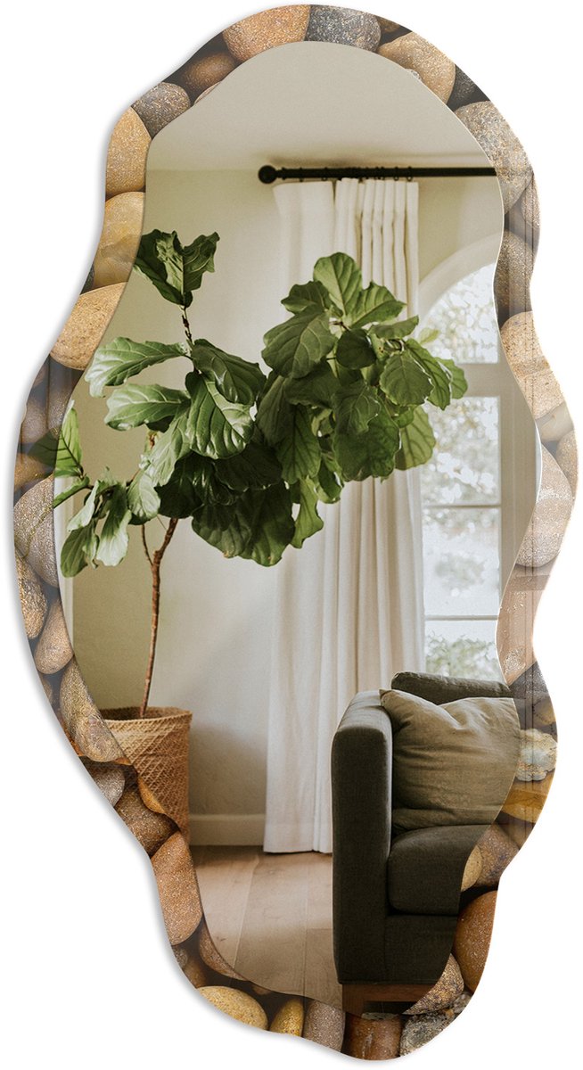 Tulup Mozaïek Van Steen Spiegel - Bruin Rechthoekige Spiegel Voor Interieur - Organische Spiegel - Badkamer, Woonkamer, Hal - Minimalistisch - 45x90 cm - Totale afmeting 52x97 cm