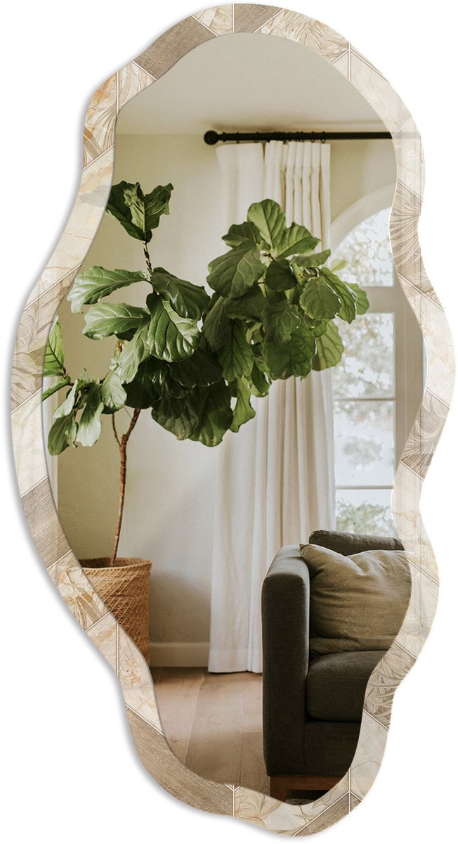 TULUP Visgraatbladeren Spiegel - Beige Stijlvolle Wandspiegel - Organische Spiegel - Badkamer, Slaapkamer, Woonkamer - Scandinavisch - 45x90 cm - Totale afmeting 52x97 cm Visgraatpatroonbladeren, Beige