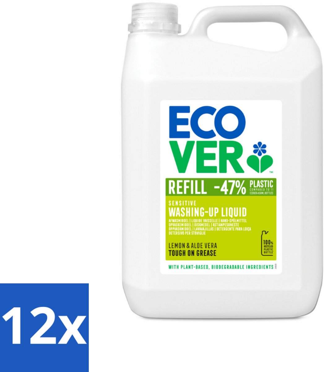 12 x Ecover - Afwasmiddel - Citroen & Aloë Vera - 5 liter - Afwasmiddel - Citroen - Aloë Vera - Biologisch Afbreekbaar - Plantaardige Ingrediënten
