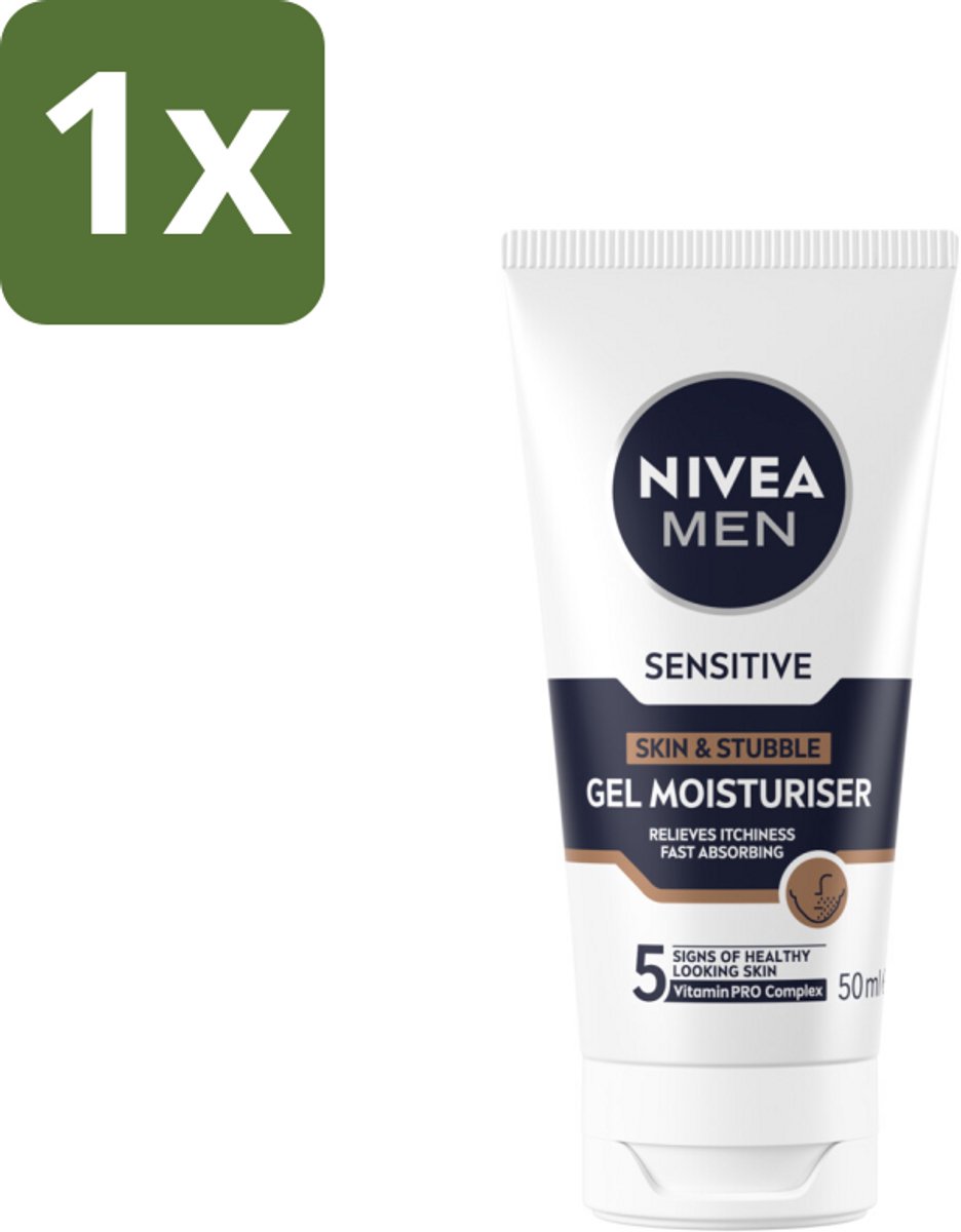 1 x NIVEA MEN - Sensitive - Gezichtsgel Huid & Stoppelbaard - 50 ml - Gevoelige Huid Verzorging - Stoppelbaard Verzorging - Alcoholvrije Gezichtsgel - Huidirritatie Verlichting - Gezichtsgel Mannen