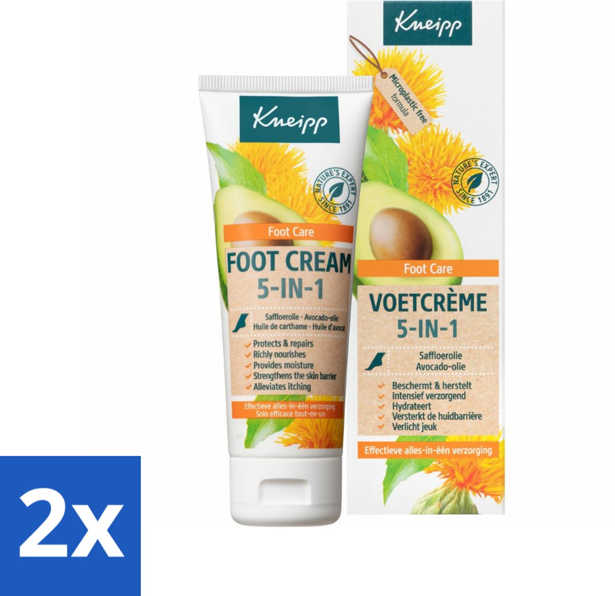 2 x Kneipp - Voetcrème 5‑in‑1 - Verlicht jeuk, hydrateert & herstelt - 75 ml - Voetencrème - Droge Voeten - Ruwe Voeten - Gevoelige Voeten - Voetverzorging