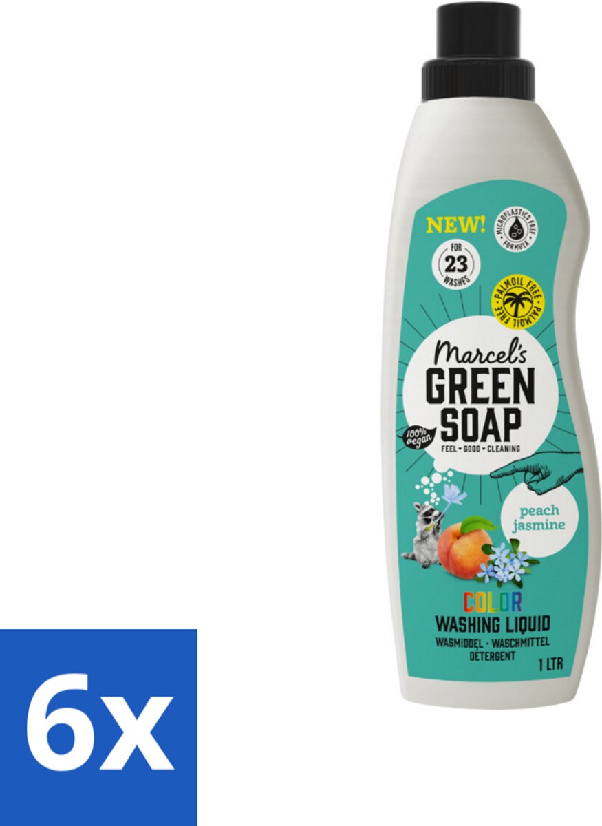 6 x Marcel's Green Soap - Vloeibaar Wasmiddel - Kleur - Perzik & Jasmijn - Effectief & natuurlijk - 23 Wasbeurten - 1 liter - Wasmiddel - Biologisch Afbreekbaar - Milieuvriendelijk - Vegan - Perzik