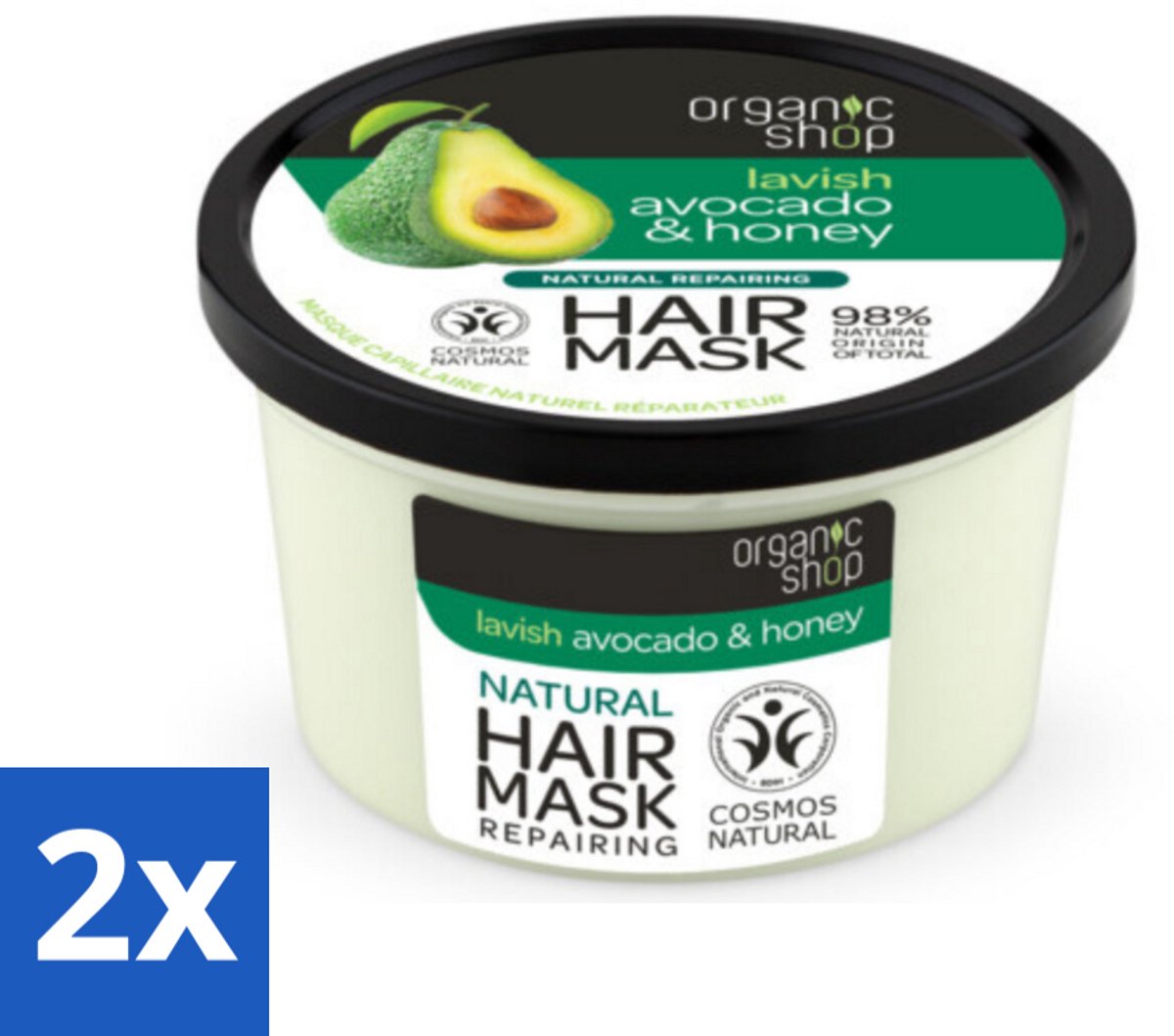 2 x Organic Shop - Haarmasker Avocado & Honey - Hydraterend en Verzachtend - 250 ml - Haar Masker - Avocado - Honing - Hydraterend - Verzachtend