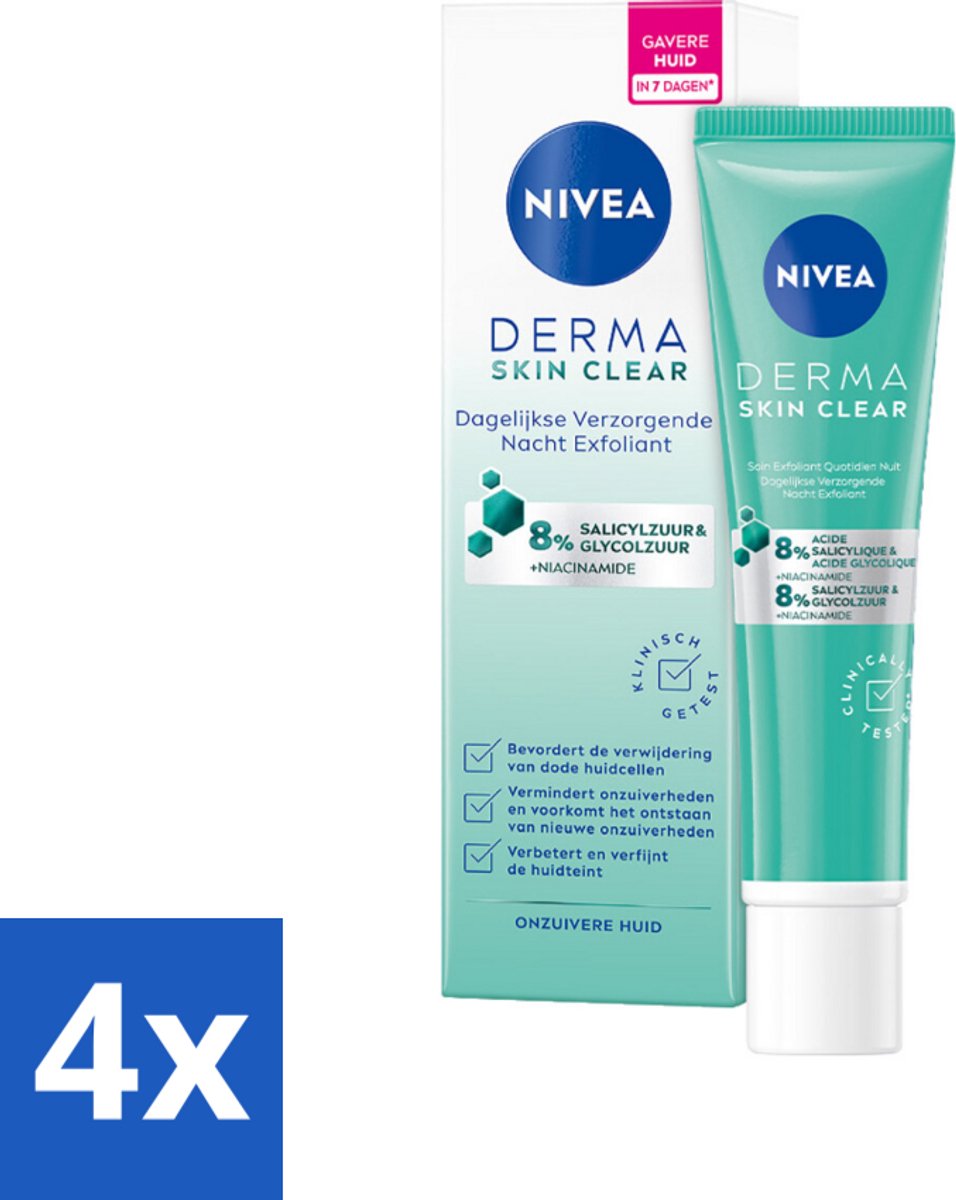 4 x NIVEA - Nacht Exfoliant - DERMA Huidzuiver Dagelijkse Verzorging - Met Salicylzuur (AHA), Glycolzuur & Niacinamide - Tegen Acne & Mee-eters - 40 ml - Nachtverzorging - Gezichtsverzorging - Acne Behandeling - Puistjes - Mee-eters