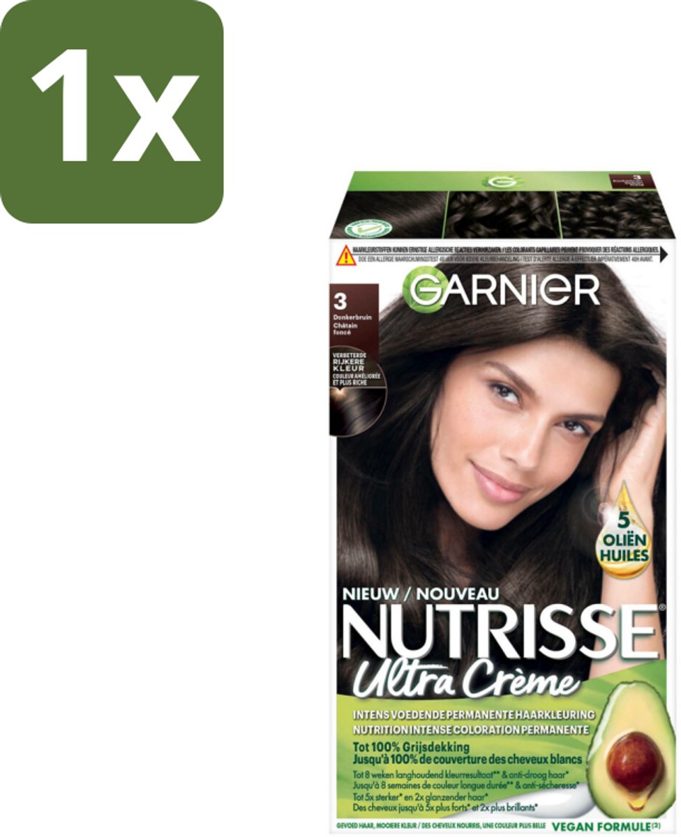1 x Garnier - Nutrisse Ultra Crème 3 - Haarkleuring - Donkerbruin - Intens Voedend - Permanente Kleur - Haarverf - Voedend Haarverf - Permanent Haarverf - Grijsdekking - Haarverf Donkerbruin