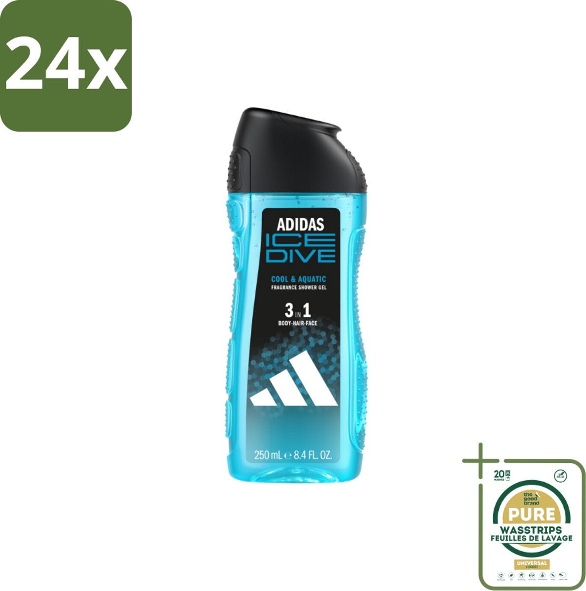 Adidas – Douchegel 3-in-1 – Ice Dive – 250 ml - Voordeelverpakking - 24 stuks - Menthol - Zeezout