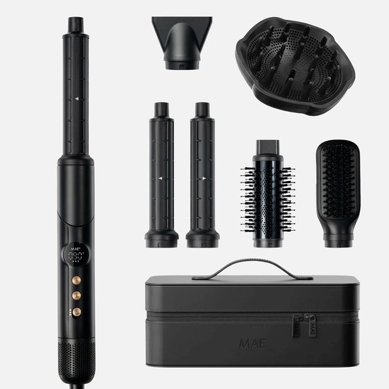 Zwarte MAE® Airstyler PRO II met diverse opzetstukken: styler, 2 barrels, volumeborstel, diffuser, mondstuk en opbergkoffer.