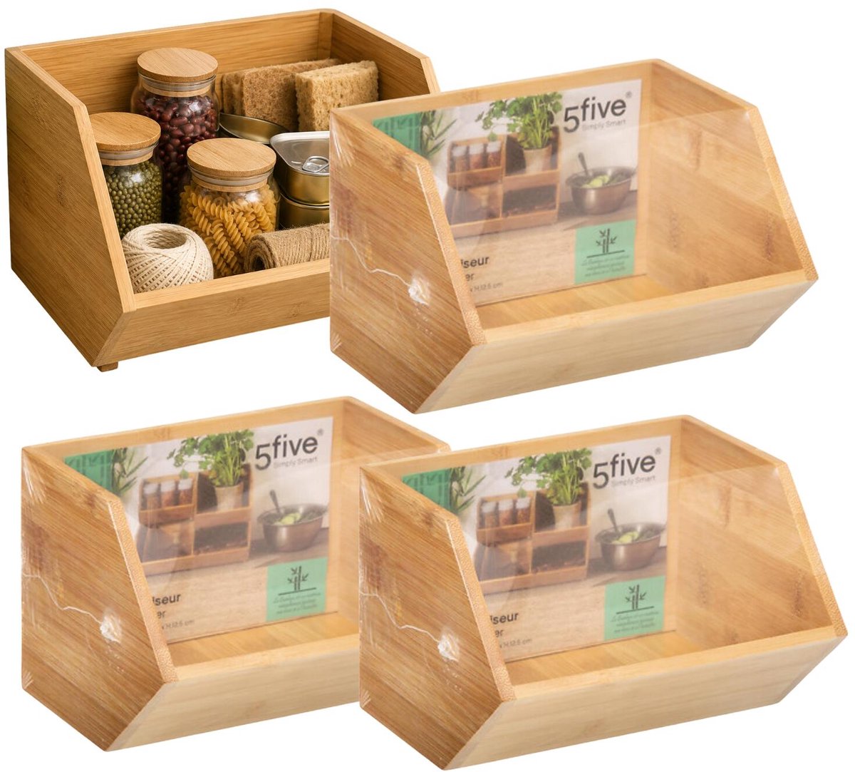 5Five Stapelbare opbergmand 1 vaks organizer - 4x - L18 x B15.5 x H12 cm - bamboe hout - lichtbruin