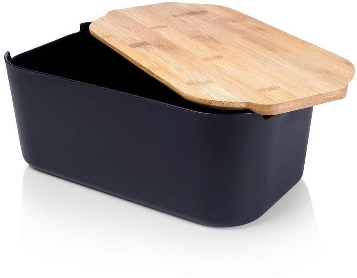 Famanu – Broodtrommel met houten plank in zwart, brooddoos en broodcontainer voor het bewaren van brood, 33 x 18,5 x 12 cm