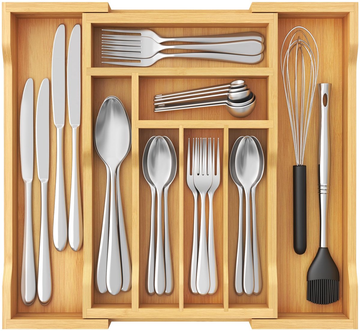 Famanu – Bestek lade organizer van bamboe, uitschuifbaar 25-42x33 cm, met 8 compartimenten voor keukenbestek