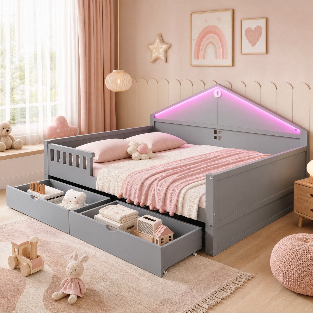 MODENUIT Bed 140 x 200 cm - Met LED Lichtstrip en 2 Laden - Kinderkamer en Jeugdkamer - Hout - Grijs