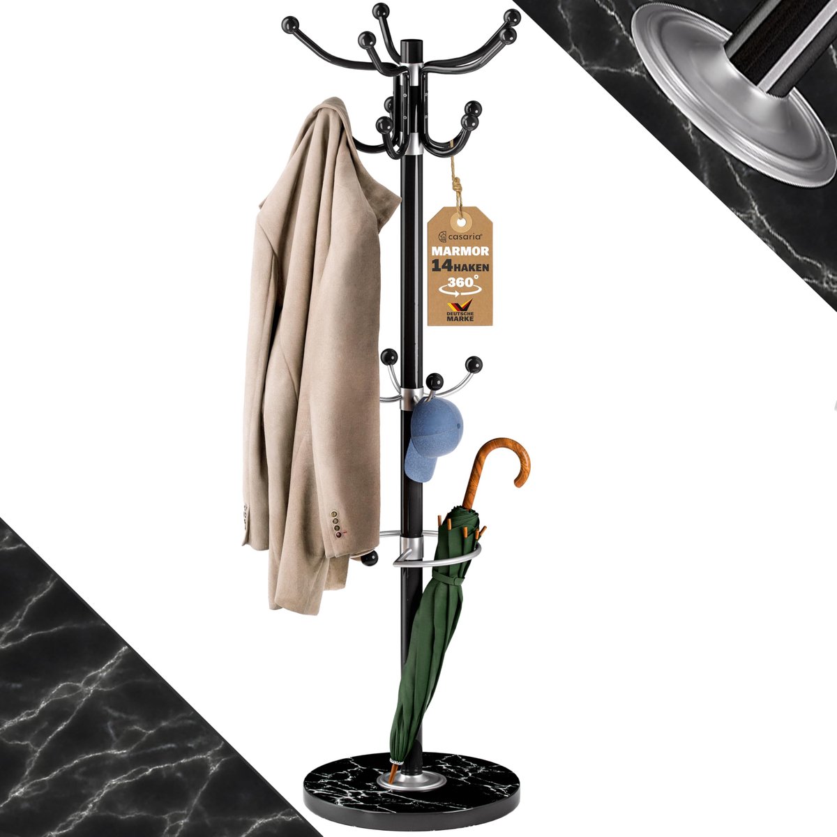 Famanu Staande kapstok van metaal met marmerlook, 14 haken, 360° draaibaar, 37 x 37 x 175 cm, ideaal voor het ophangen van jassen en accessoires Zwart