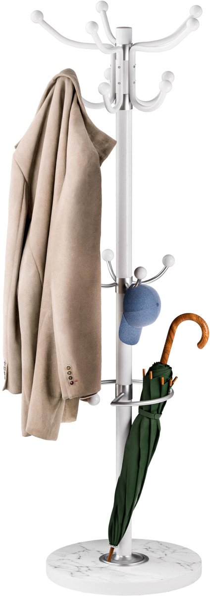 Famanu Staande kapstok van metaal met marmer, 14 haken, 360° draaibaar, 37 x 37 x 175 cm, ideaal voor garderobe en kledingrek Wit