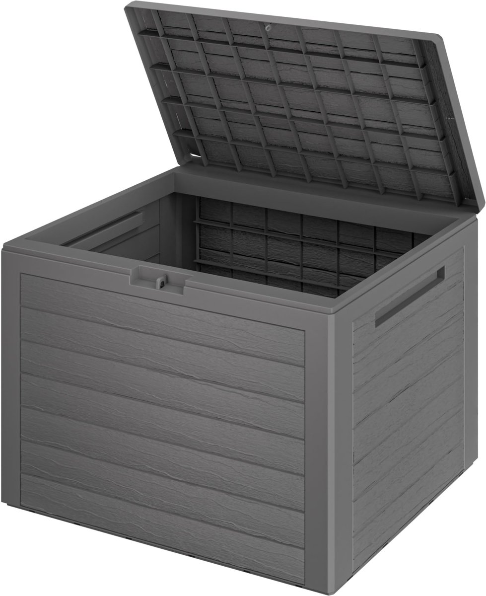 Famanu – Kussenbox Lille van 190 liter in grijs houtlook voor tuin en balkon, ideaal voor het opbergen van tuinkussens en accessoires